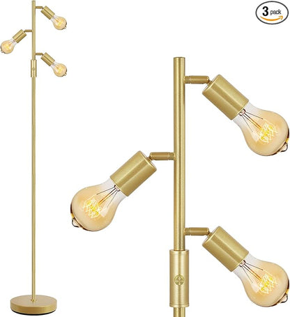 BoostArea Tree Floor Lamp, Brass Gold Industrial Floor Lamp, Modern Standing Lamp with Adjustable 3 Light, E26 Socket, Rotary Switch, Boho Stand Up Lamp Pole Lamps for Living Room, Bedroom (No Bulbs)