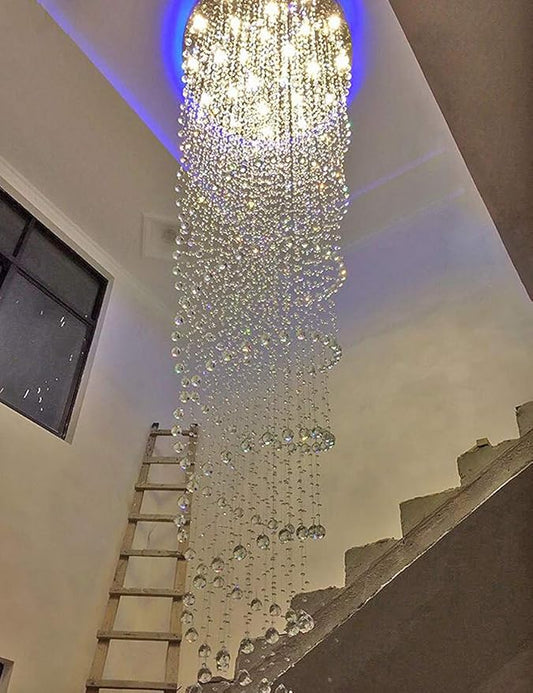 118inch Modern Crystal Chandelier for High Ceiling Living Room Foyer Crystal Raindrop Pendant Light Dimmable Lighting with Remote Straircase Fixture LED Bulbs
