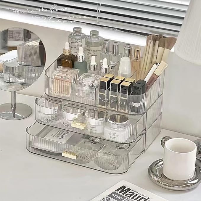 MIUOPUR Stackable Makeup Organizer Drawers, Bathroom Vanity Organizers and Storage, Ideal for Desk and Dresser Countertops, Great for Cosmetics, skincare, Lipsticks, Nail Care -Clear