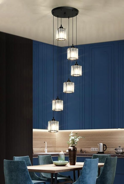 Long Chandeliers for High Ceilings,Modern Crystal Pendant Light,Raindrop Drop Lamp,Hanging Lighting Fixtures for Spiral Staircase,Foyer,Entryway,Living Room,Black (6 Lights)