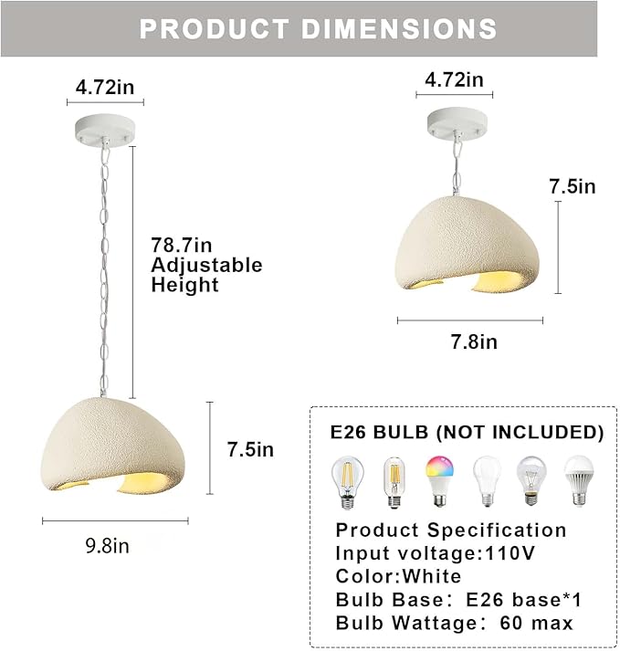 Wabi Sabi Pendant Lights,9.8in White Modern Pendant Light Resin Hanging Lamp Kitchen Island Lighting Modern Japandi Chandelier for Dining Room Bedroom Hallway Restaurant Foyer