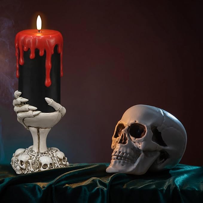 Eldnacele Halloween Flickering Flameless Candles Ghost Hand Candlesticks with Timer,Battery Operated with Red Blood Dripping 3D Wick Black Wax LED Pillar Candles Table Centerpiece Decor(4×11 Inches)