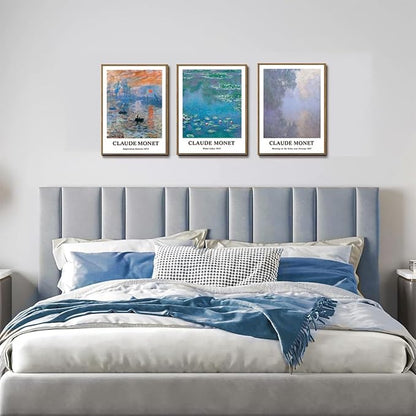 ILLBDR Claude Monet Water Lilies Framed Wall Art Vintage Aesthetic Canvas Wall Art Set of 3 Impressionist Botanical Prints Artwork Minimalist Classic Pictures Decor for Bedroom Living Room 12x16 Inch