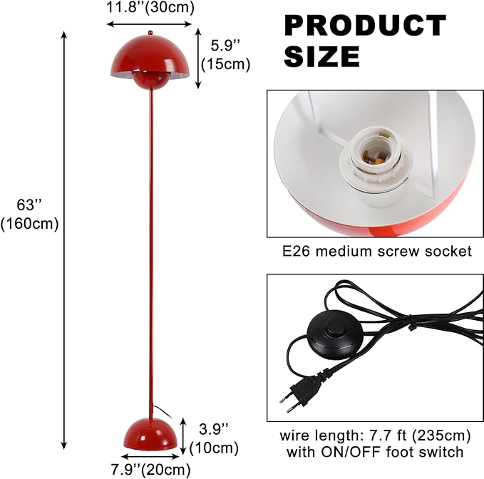 COSYLUX Modern Floor Lamp for Living Room, Industrial Tall Standing Lamp for Bedroom, Metal Shade Reflecting Light Reading Floor Lamp for Office, Nursery Room, Corner(Dark Red)