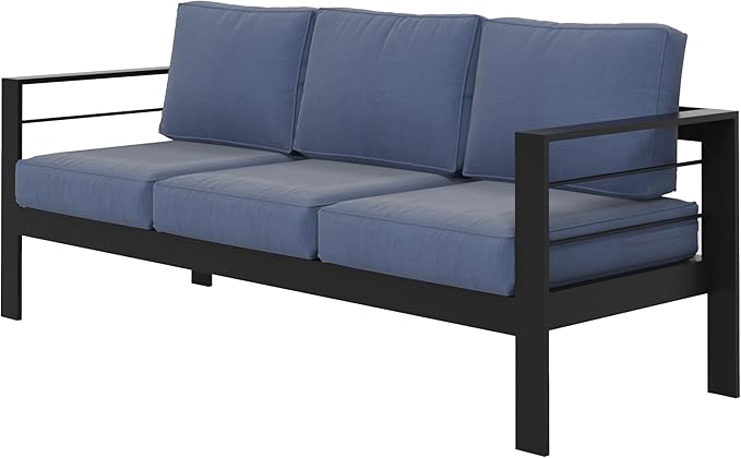 Wisteria Lane Patio Furniture Aluminum Outdoor Chair, All-Weather Outdoor 3 Seats Chair, Black Metal Chair with Blue Cushions