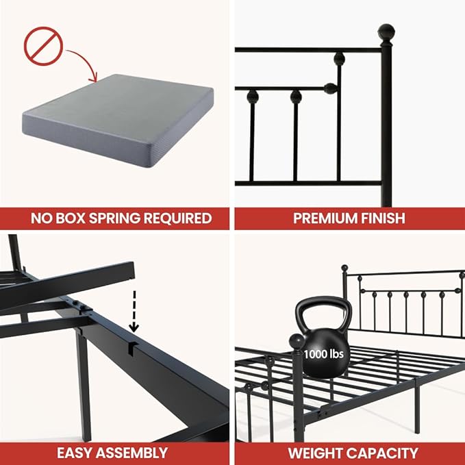 Golden Gate Beds Victorian Style Metal Platform Bed Frame with Antique Wrought Iron-Art Headboard and Footboard, Classic Cama Steel Mattress Foundation, No Box Spring Needed, Queen Size, Black Finish