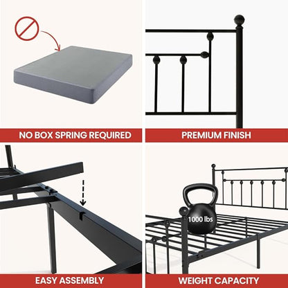 Golden Gate Beds Victorian Style Metal Platform Bed Frame with Antique Wrought Iron-Art Headboard and Footboard, Classic Cama Steel Mattress Foundation, No Box Spring Needed, Queen Size, Black Finish