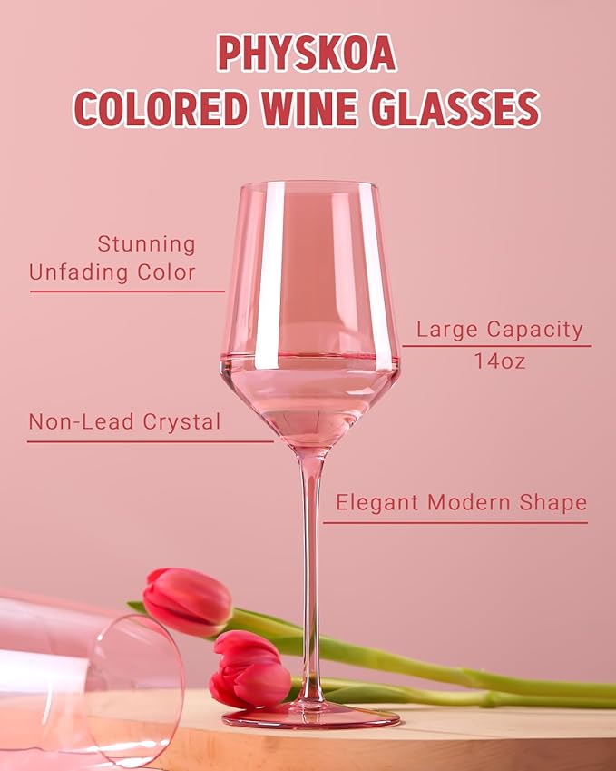 Physkoa Pink Wine Glasses Set of 6-15oz Hand Blown Crystal Colored Wine Glasses with Long Stem, Wedding, Birthday, Christmas Valentines Day Glassware Gifts for Lovers