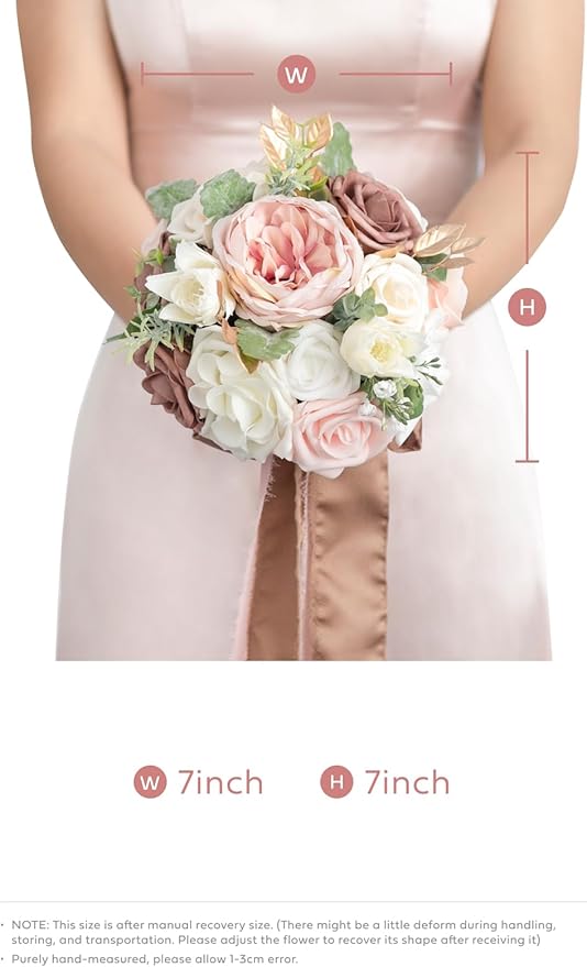 Ling's moment Artificial Flowers Pink Bridesmaid Bouquet, Dusty Rose Wedding Flowers Bouquets for Bridesmaids, 7 Inch Bridal Bouquets for Bridesmaids, Wedding, Ceremony, Anniversary, etc