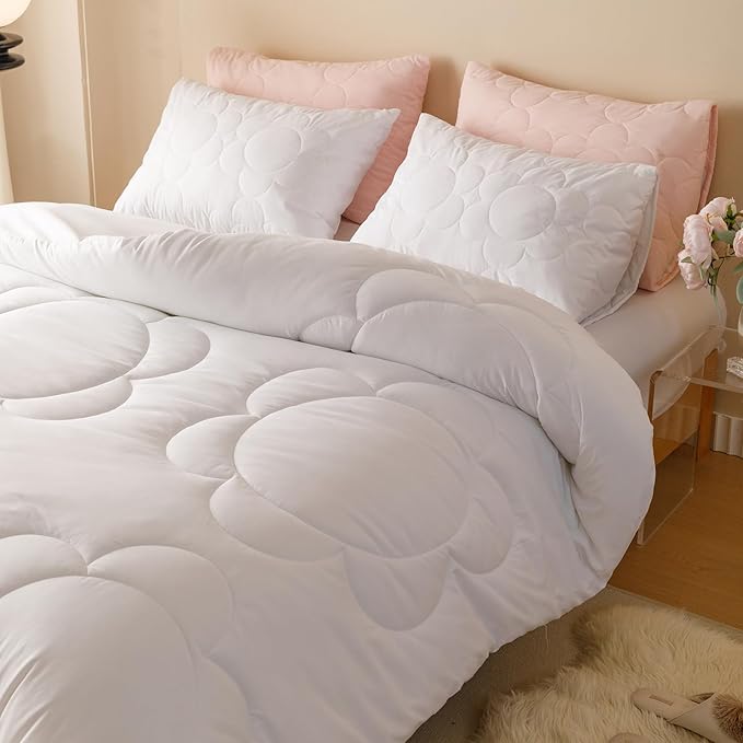 CLOTHKNOW White Comforter Set Twin/Twin XL Daisy Puff Bedding Comforter Sets Soft Boho Comforter White Comforters with 2 x Pillow Cases