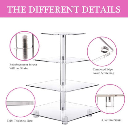 Cupcake Stand – Premium Cupcake Holder – Cady Bar Party Décor – 4 Tier Acrylic Tower Display for Pastry + LED Light String – Ideal for Weddings, Birthday (Pink Light)