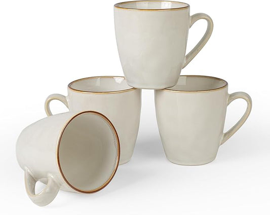 famiware Coffee Mugs Set of 4, Ocean Round 11.5oz Coffee Cup Set with Handle for Cocoa, Milk, Hot Chocolate, Stoneware Cups for Kitchen, Reactive Glaze, Microwave and Dishwasher Safe, Cappuccino White