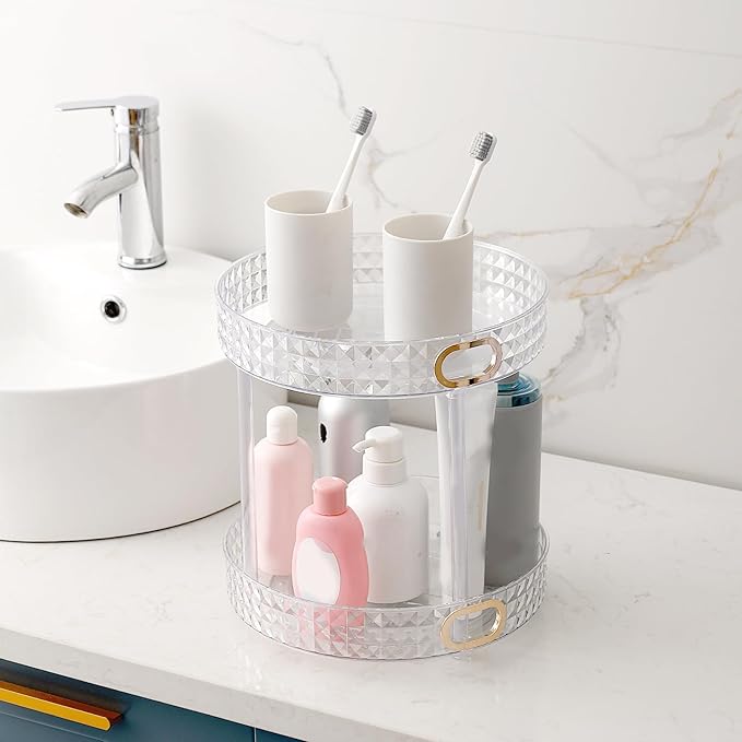 360° Rotating Makeup Organizer, 2 Tier Large Perfume Organizers with Portable Handle for Vanity Bathroom Countertop, Bathroom Counter Organizer for Cosmetics Skincare Perfume