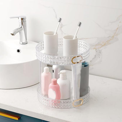 360° Rotating Makeup Organizer, 2 Tier Large Perfume Organizers with Portable Handle for Vanity Bathroom Countertop, Bathroom Counter Organizer for Cosmetics Skincare Perfume