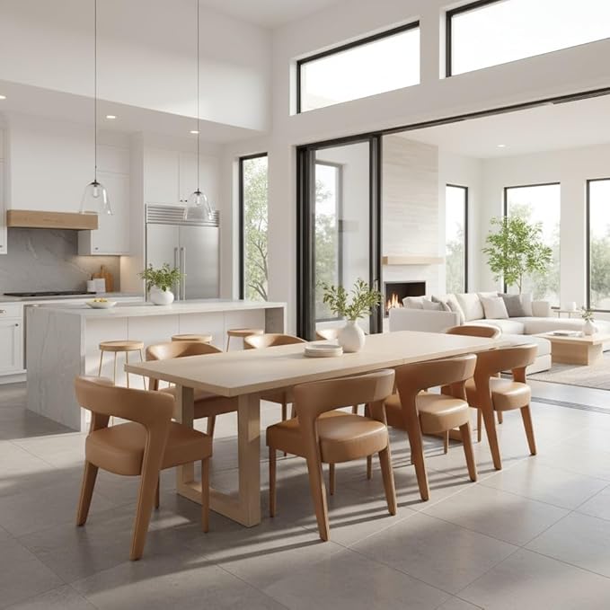 DUOMAY Modern Dining Chairs Set of 4, Leather Fabric Upholstered Kitchen Chair with Curved Open Back Accent Side Chairs Dining Room Chairs with Wood Legs, Brown