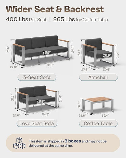 Patio Furniture Set, 5 Piece Aluminum Outdoor Furniture Set with Table, Wide Outdoor Seating and Thick Cushions, Modern Outdoor Patio Conversation Sets for Deck, Porch (Teak-Charcoal)