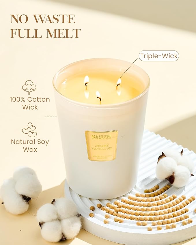 M&SENSE Extra Large Candle Creamy Vanilla Scented, 3-Wick 35oz 150H Long Lasting, Natural Soy Wax Aromatherapy Candle for Stress Relief, Home Fragrance Fall Winter Christmas Thanksgiving Gifts