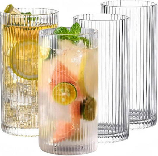 Striped Glass Cups Set of 4b12.5oz Textured Drinking Glasses Durable Thick Glassware for Juice Iced Tea & Smoothies