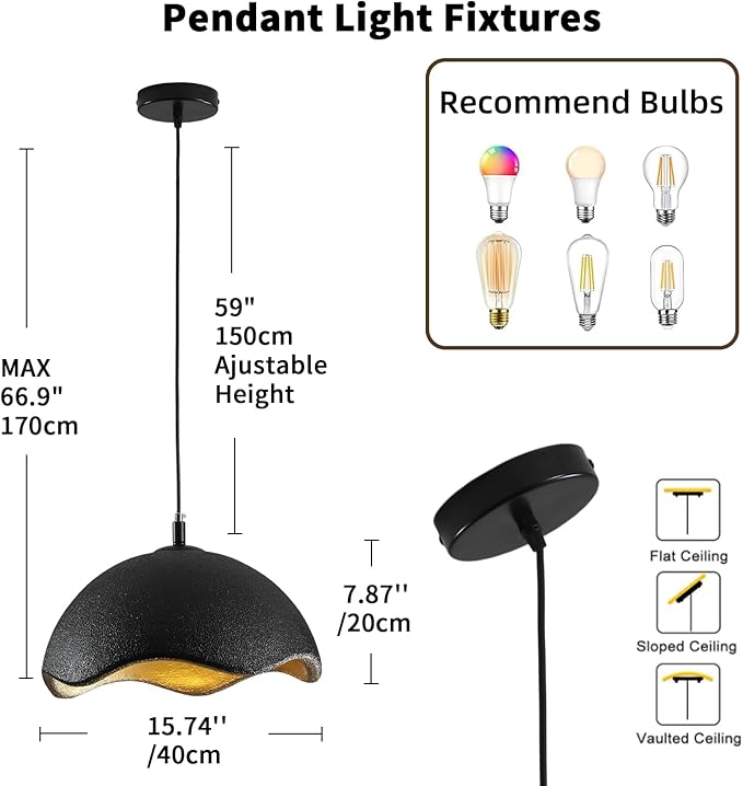 JAYMP 40cm Modern Pendant Light for Dining Room Kitchen Island Hanging Lamp E26 Base Japanese Wabi-Sabi Style Bird Nest Shape Lighting Fixture,1 Pack(Black and Gold,D Shape, 40cm/15.7inch)