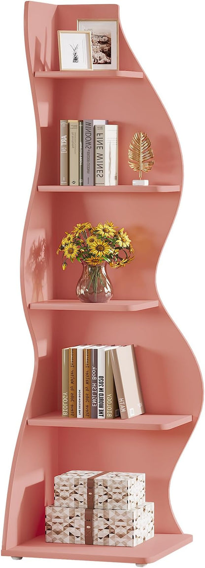 Tribesigns Wavy Corner Shelf, Modern 5-Tier Bookshelf Bookcase with Curvy Shape, Unique Plant Stand Display Rack for Living Room Small Space (Pink)