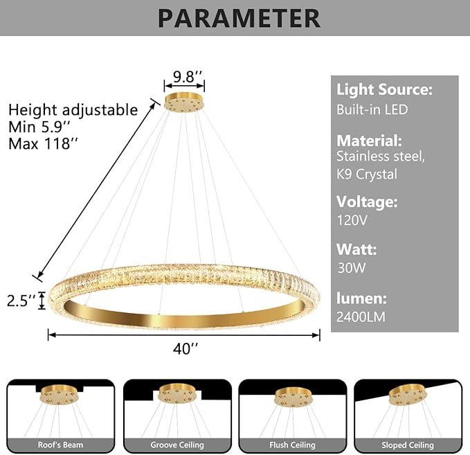 40" 1 Ring Crystal Chandelier Modern LED Dimmable Ring Pendant Light Chandelier for Dining Room Living Room Gold