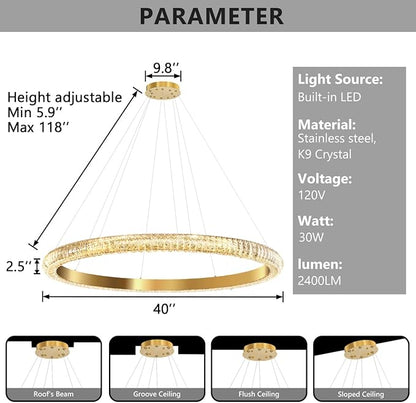 40" 1 Ring Crystal Chandelier Modern LED Dimmable Ring Pendant Light Chandelier for Dining Room Living Room Gold