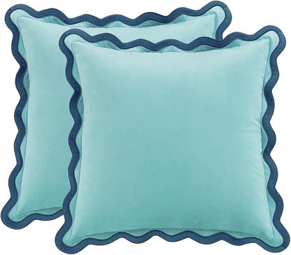 MONDAY MOOSE Decorative Throw Pillow Covers Cushion Cases, Set of 2 Soft Velvet Scalloped Wavy Edge Designs, Mix and Match for Home Decor, Pillow Inserts Not Included (Blue/Light Blue, 18x18 inch)