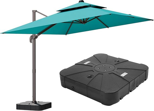 9x12FT Turquoise Cantilever Outdoor Patio Umbrella with Base, Large Rectangular Offset Design, Double Top Heavy Duty Aluminum Frame & 360° Rotation for Pool Garden Deck Backyard