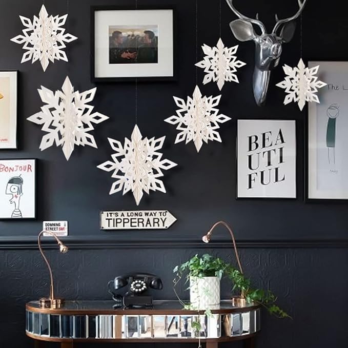 GuassLee Winter Wonderland Frozen Party Decorations - White 12pcs Hanging 3D Paper Snowflakes and Snowflake Garland for Christmas Birthday Parties