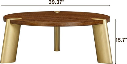NTC 40 Inch Tribase Boho Wooden Round Coffee Table for Living & Dining Rooms – Waterproof & Heat Resistant, Dark Walnut
