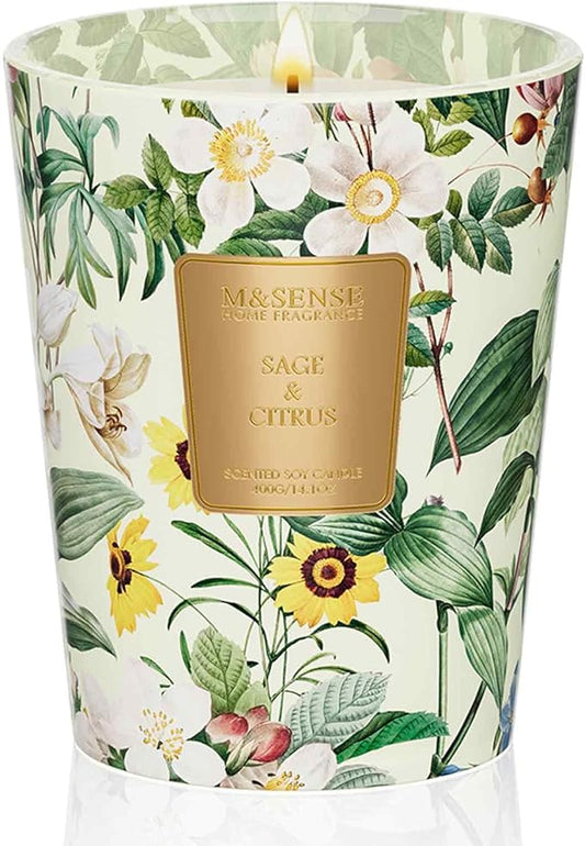M&SENSE Sage Citrus Scented Natural Soy Wax Candle, 14.1oz 60 Hours Long Lasting Slow Burning, Aromatherapy Fall Winter Candle for Stress Relief, Festival Thanksgiving Christmas Housewarming Gifts