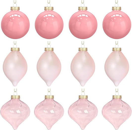 Zomiboo 12 Pcs Vintage Rose Glass Christmas Ball Ornaments Set 3.15" Hanging Shatterproof Glass Bulbs for Christmas Tree Baubles Bulk for Holiday Xmas Tree Decorations Gifts