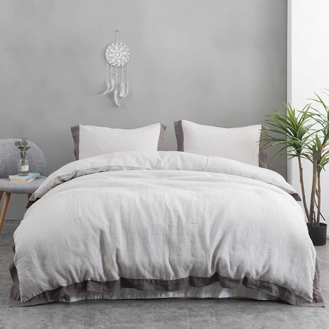 Simple&Opulence 100% Linen Duvet Cover Set with Washed French Flax-Full Size(78"x 86")- 3 Pieces (1 Comforter Cover,2 Pillowshams) Basic Border Design Premium Bedding Set Breathable,Grey and Brown