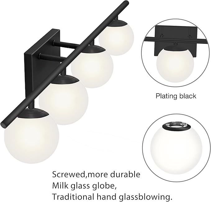 New Bathroom Vanity Light Fixtures Matte Black Milk White Globe Glass Shade 4 Lights Modern Wall Bar Sconce Over Mirror(4 lights-35.43inch)