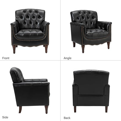 HULALA HOME Mid Century Modern Leather Club Chairs, Top-Grain Genuine Leather Armchairs with Button-Tufted Back & Solid Wood Legs, Accent Chairs for Living Room/Bedroom/Home Office, Black