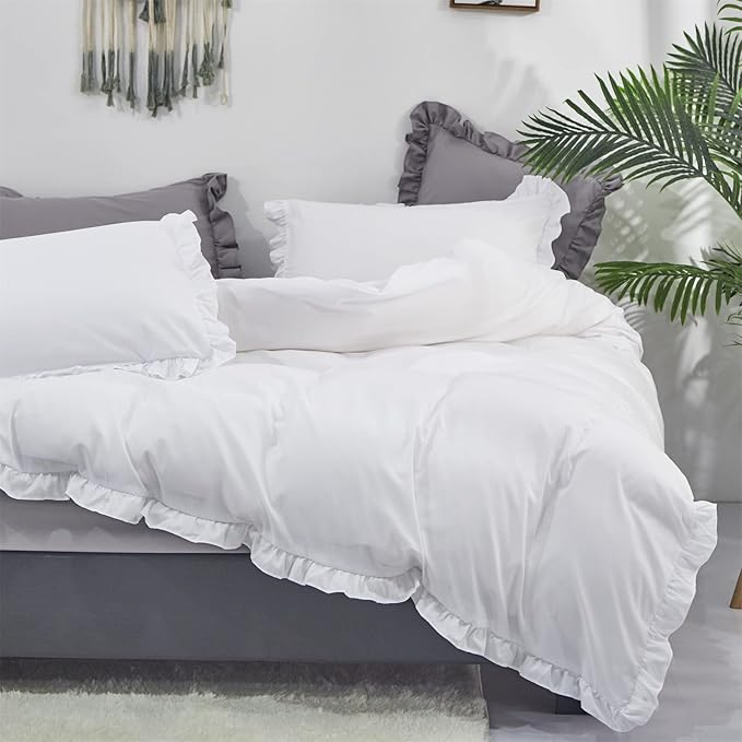 Pureant White Ruffle Comforter Set King Boho White Lace Bedding Comforter Vintage Farmhouse Comforter Women Girls Solid White Shabby Chic Bed Quilts Plain White Lightweight Fluffy Ruffled Fringe Bed