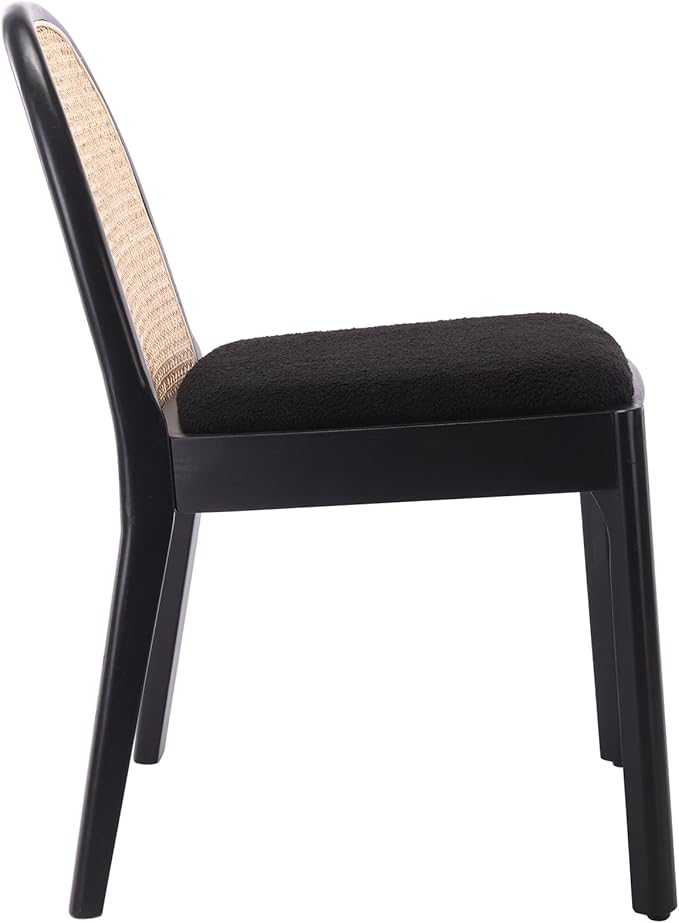 Upholstered Wooden Dining Chairs Set of 2, Farmhouse Kitchen & Dining Room Chairs with Cane Back, Accent Rattan Dining Table Chairs Sherpa Seat for Kitchen/Restaurant/Living Room, Black