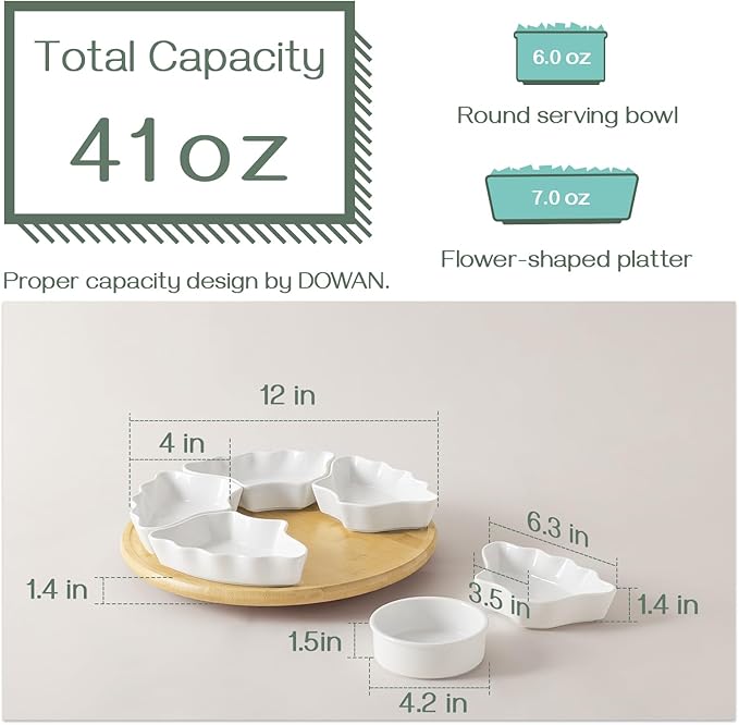 DOWAN 360° Rotatable Serving Platters, 12 Inch Divided Serving Bowls for Party, Kitchen Decor, Removable Serving Dishes for Chips and Dip, Fruit, Veggies, Candy and Snacks, 7 Pieces, White