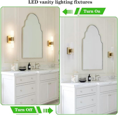 Crystal LED Wall Sconces Set of 2, Brushed Gold Bathroom Light Fixtures, Modern Bathroom Sconce Lights with Wired LED for Bedroom,Living Room,Hallway | Gold Vanity Wall Lighting & Crystal Wall Decor