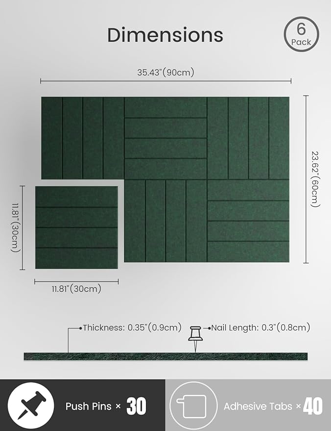 Bumusty Large Cork Board Alternative-36 x24 Felt Bulletin Board Tiles, with 30 Pushpins, 40 Adhesive Tabs, 6-Pack Slat Wall Paneling, Cork Boards for Office Push Pin Board Felt Board-Aurora Green