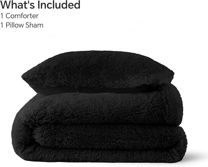 BEDELITE Black Fluffy Comforter Set Twin Size, Fuzzy Faux Fur Comforter Bedding Set, 2Pieces Soft Warm Shaggy Bed Set (1 Comforter & 1 Pillowcase) as Gifts for Women