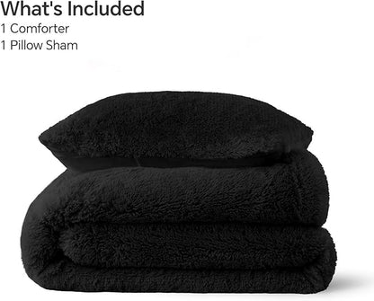 BEDELITE Black Fluffy Comforter Set Twin Size, Fuzzy Faux Fur Comforter Bedding Set, 2Pieces Soft Warm Shaggy Bed Set (1 Comforter & 1 Pillowcase) as Gifts for Women