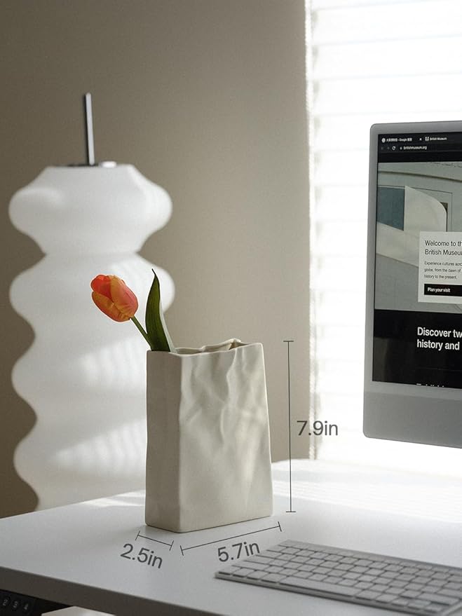 WENSHUO Crinkle Paper Bag Shape Ceramic Flower Vase, Large Capacity for Flower Arrangement, Bookshelf Decorative (Matte Crème)