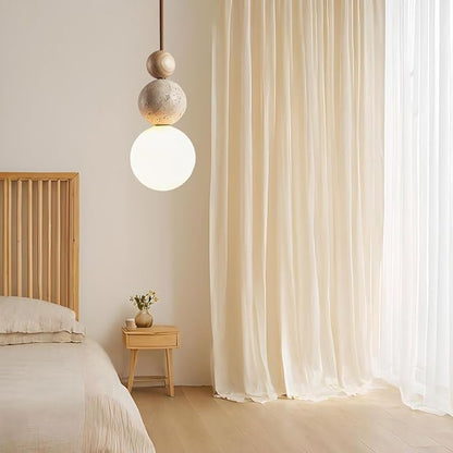 Stylish Modern Pendant Light with Stone and Wood, Unique Two-Ball Design Ceiling Lamp, Perfect for Dining Room, Kitchen Island, Living Room, Bedroom Decor, Elegant Home Lighting(Yellow)