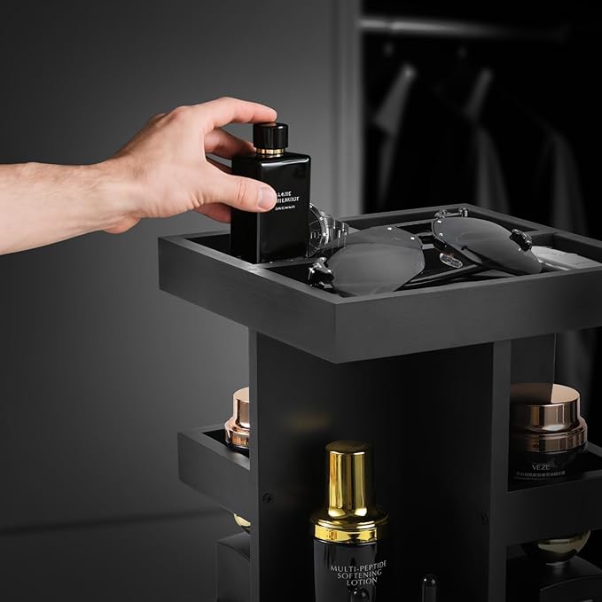 EXIN DECHEN Cologne Organizer for Men,Cologne Stand,3 Tier Large Capacity Wood Perfume Shelf with Rotate,Desk & Nightstand Organizer,Mens Husband Birthday Gifts Ideas,Gifts for Men(Black)