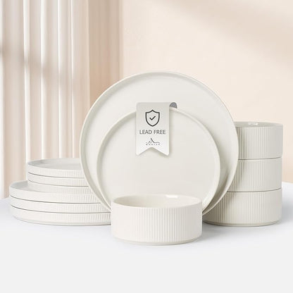 MONITO Ceramic Plates and Bowls Sets for 4, 12PCS Stoneware Dinnerware Sets, Reactive Glaze Dish Set, Chip and Scratch Resistant Double, Microwave and Dishwasher Safe,White