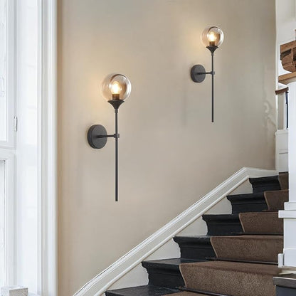 KCO Lighting Modern Smoke Grey Glass Globe Wall Sconce Black Matte Slim Wall Sconce Long Slim Wall Mount Light Vintage Industrial Wall Lamp for Hallway Stairs Bathroom