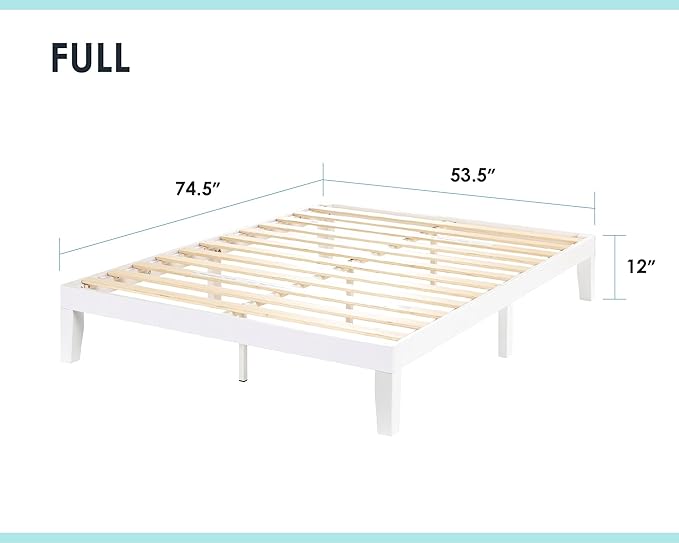 Mellow Naturalista Classic 12 Inch Solid Wood Platform Bed with Wooden Slats, Full, White