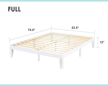 Mellow Naturalista Classic 12 Inch Solid Wood Platform Bed with Wooden Slats, Full, White