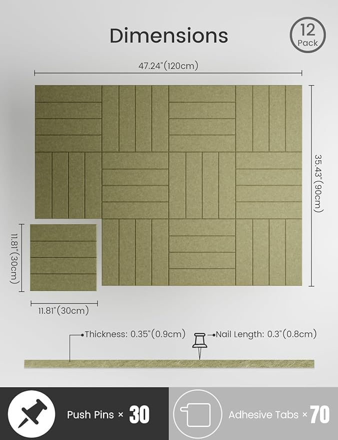 Bumusty Large Cork Board Alternative-47 x35 Felt Bulletin Board Tiles, with 30 Pushpins, 70 Adhesive Tabs, 12-Pack Slat Wall Paneling, Cork Boards for Office Push Pin Board Felt Board-Olive Green